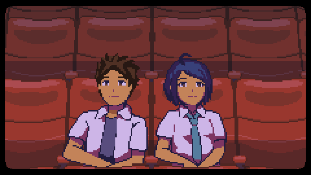 Illustration officielle du jeu "A Space for the Unbound" : Atma et Raya sont assis au cinéma.